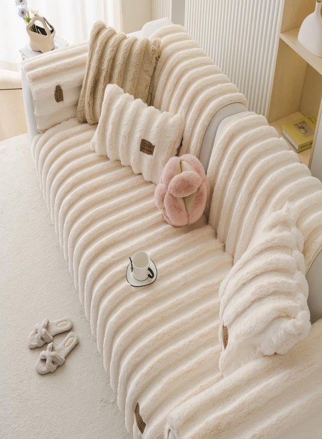 غطاء أريكة Huierxun Fuzzy Rabbit Plush، غطاء أريكة سميك وناعم من الفرو، غطاء وسادة فروي رقيق، أغطية أريكة مانعة للانزلاق، واقي أثاث مخطط عمودي للكلاب والقطط (كريمي، 28 بوصة × 28 بوصة). - Image 4